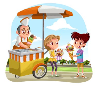 Büyük dondurmalı çizgi film çocukları. Dondurma arabasının etrafındaki çocuklar.