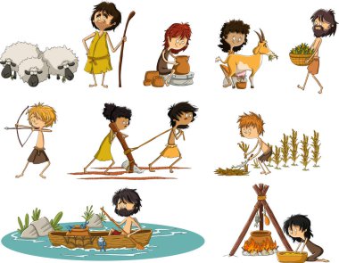 Group of cartoon neolithic people working. Prehistoric people. clipart