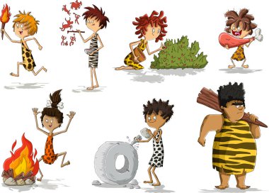 Bir grup mağara adamı. Taş Devri insanları.