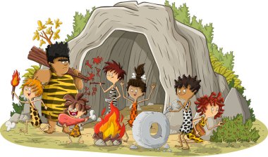 Group of cartoon cavemen in front of a cave. Stone age people. clipart