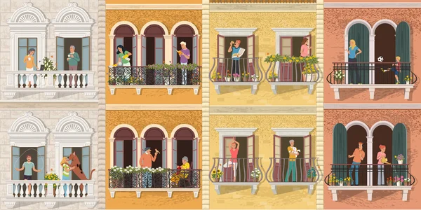 Ventanas Con Personas Dentro Sus Casas Durante Brote Balcones Con — Archivo Imágenes Vectoriales