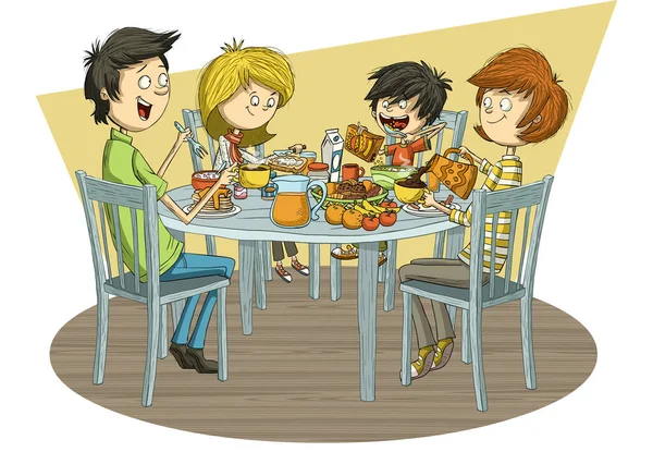 Famille Cartoon Petit Déjeuner Table Avec Nourriture — Image vectorielle
