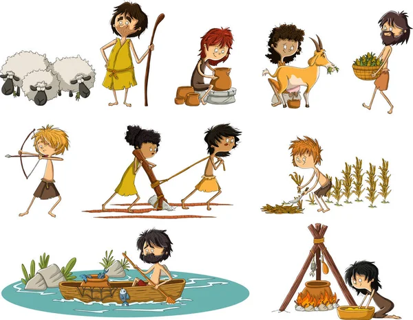 Group Cartoon Neolithic People Working Prehistoric People — Stock Vector