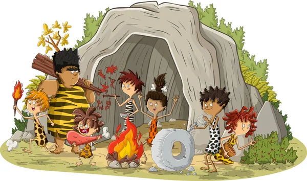 洞窟の前で漫画の穴居人のグループ 石器時代の人々 — ストックベクタ