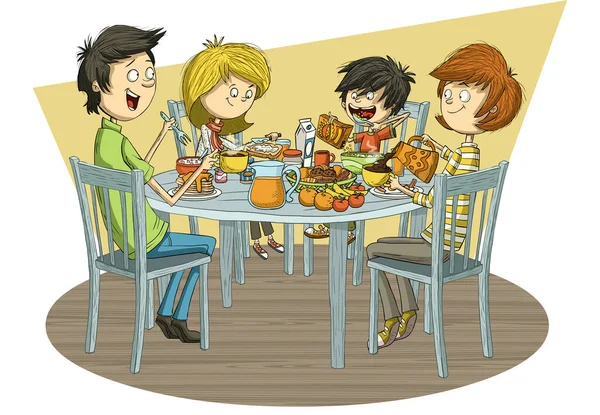 Cartoon Family Having Breakfast Table Food Royalty Free Stock Vectors