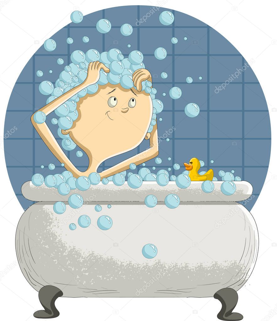 Cartoon boy taking bath in bathtub full of bubbles. 