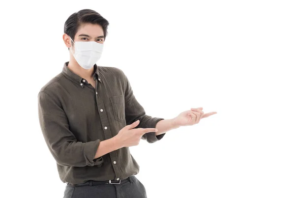 Hombre Asiático Que Usa Máscara Protectora Quirúrgica Posa Estilo Del — Foto de Stock
