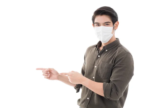 Ασιάτης Άνδρας Φορώντας Χειρουργική Προστατευτική Μάσκα Θέτει Στυλ Της Διαφήμισης — Φωτογραφία Αρχείου