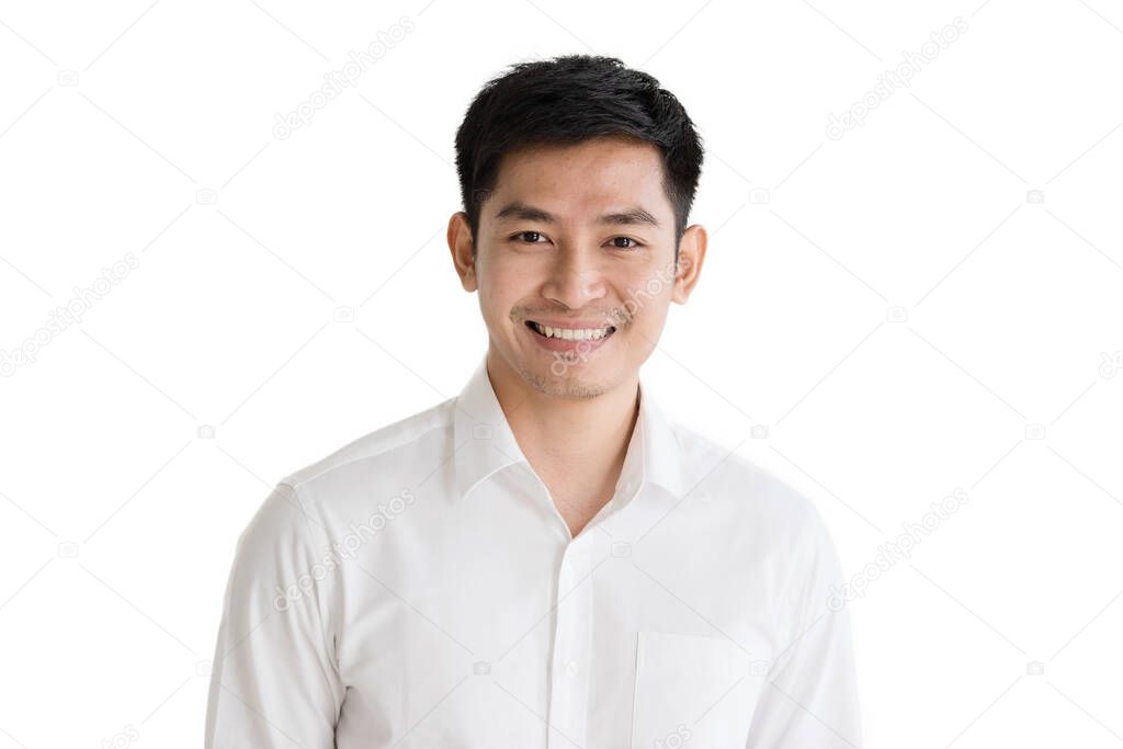 Young, handsome and friendly face man smile, dressed casually with happy and self-confident positive expression to camera isolated on white background studio shot. Concept for good attitude emotion.