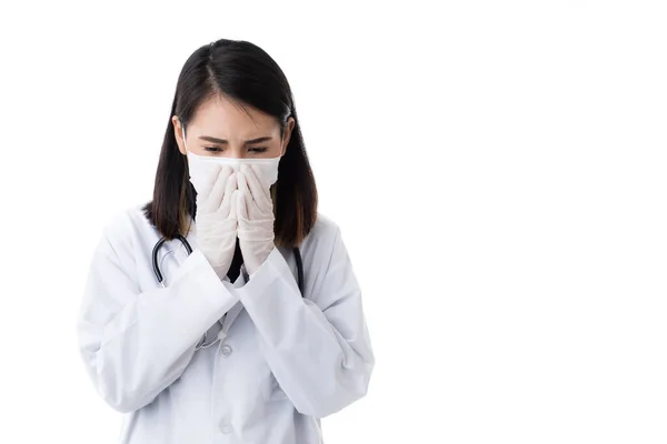 Hermosa Doctora Vestido Bata Laboratorio Con Máscara Protectora Higiene Quirúrgica — Foto de Stock