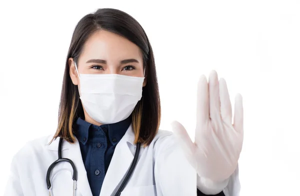 Vacker Asiatisk Kvinna Läkare Labbrock Klänning Bär Kirurgisk Hygien Skyddsmask — Stockfoto