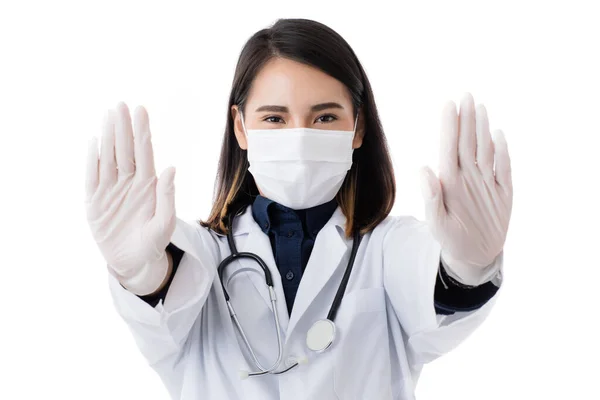 Vacker Asiatisk Kvinna Läkare Labbrock Klänning Bär Kirurgisk Hygien Skyddsmask — Stockfoto