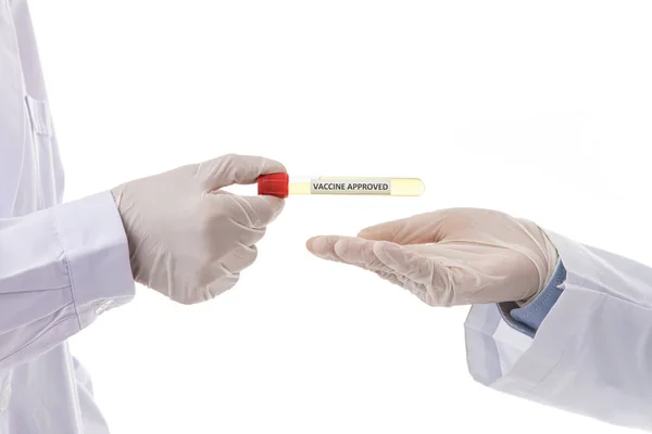 Two Hands Doctors Researchers Deliver Test Tube Label Vaccine Approved — Stock Photo, Image