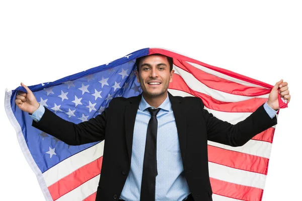 Kavkazský Podnikatel Držící Vlajku Ameriky Izolované Bílém Pozadí — Stock fotografie