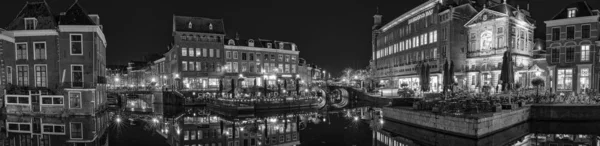 Panoramic Shot Illuminated Buildings Point Old Rhine New Rhine Meet — Stock Photo, Image