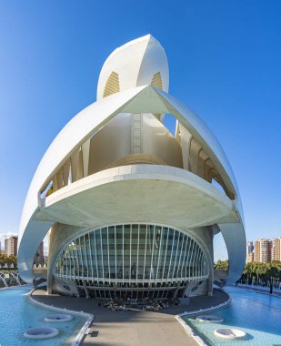 The tip of the opera house Palau de les Arts Reina Sofia containing the restaurant in Valencia, Spain clipart