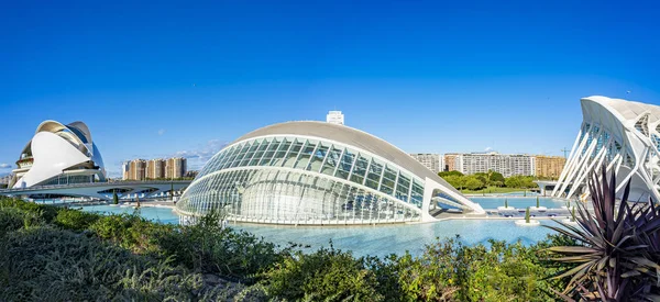 İspanya Valencia 'daki Palau de les Arts, L' Hemisferic ve Museu de les Ciencies Principe Felipe binalarının panoramik fotoğrafı