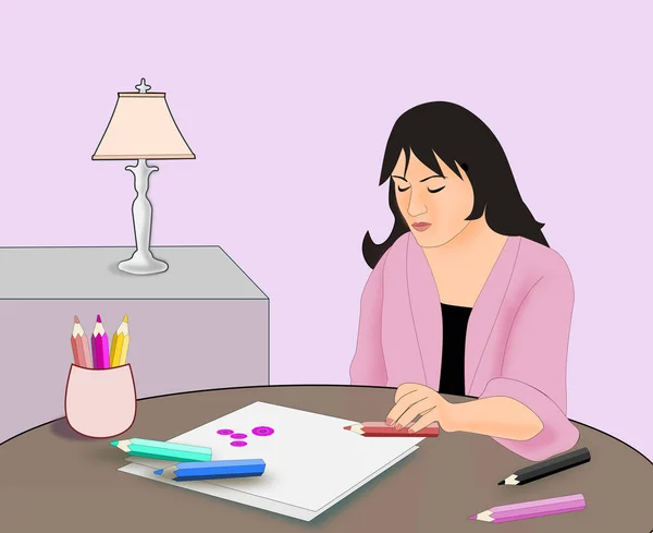 Girl sitting and drawing. — Stock Photo, Image