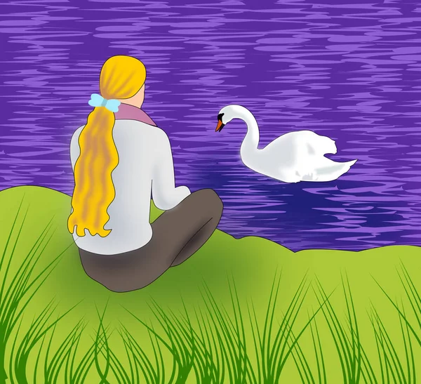 Meisje en Swan — Stockfoto
