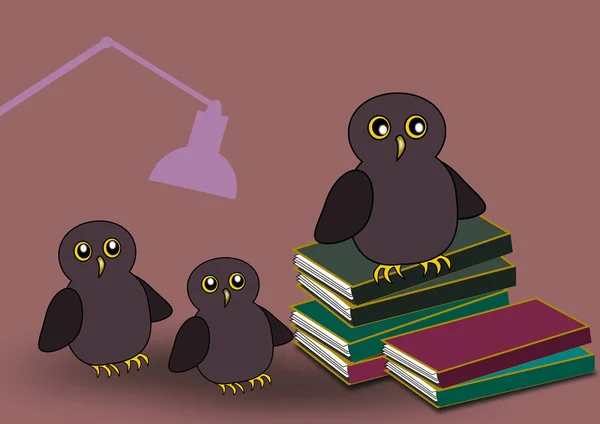 猫头鹰家庭与书 — 图库照片