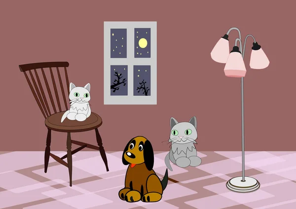 Комната Розовой Лампой Собакой Стулом Сидит Кошка Другой Кот Сидящий — стоковое фото