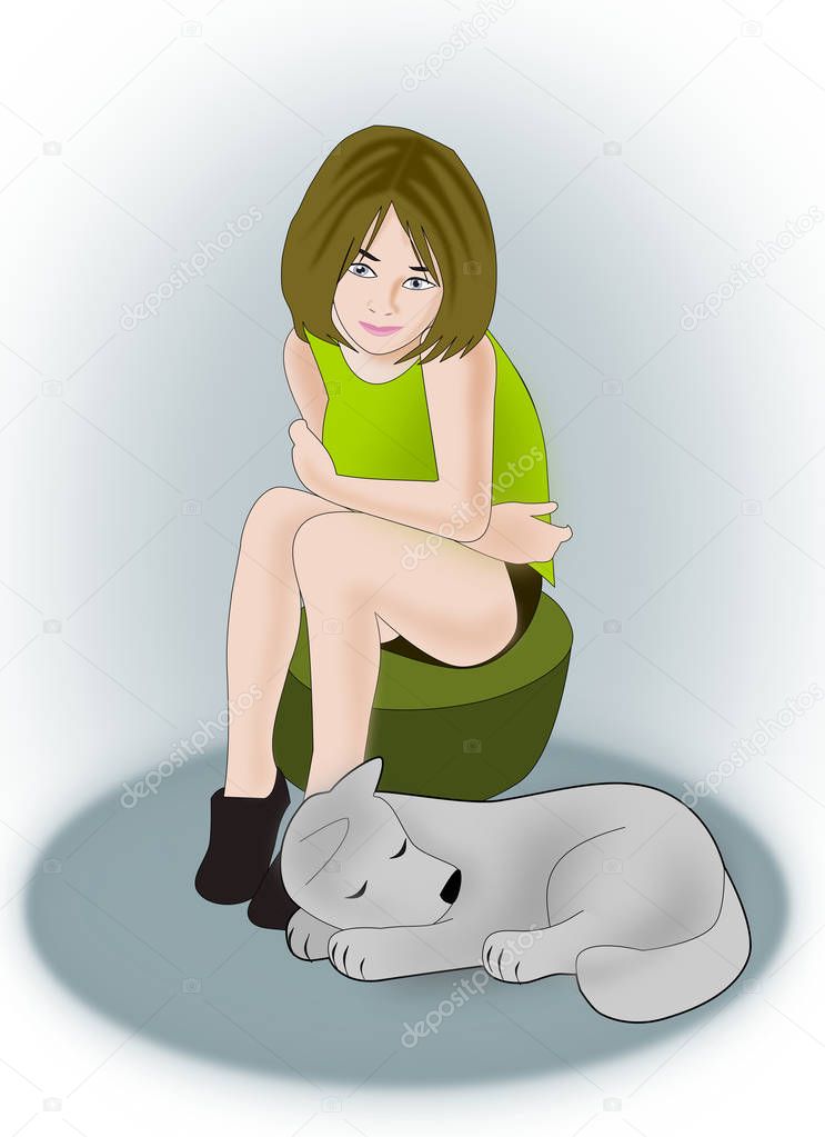 A little girl with a sleeping gray dog.