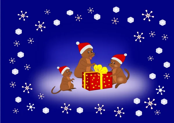 三只头戴帽子的可爱老鼠被雪晶环绕着 准备打开圣诞礼物 — 图库照片