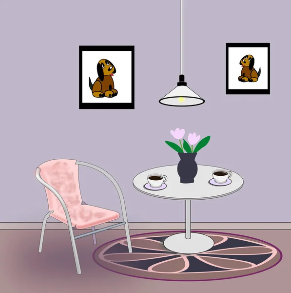 Przytulny Pokój Zdjęciami Ścianie Okrągły Stół Różowe Krzesło — Zdjęcie stockowe