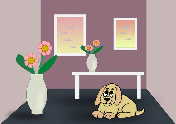 ピンクの花の花瓶とバイオレットルーム 白いテーブル 2つの窓 茶色の犬 — ストック写真