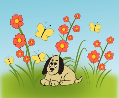 Kırmızı çiçeklerin arasında oturmuş sarı kelebekleri izleyen bir köpek..