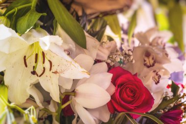 Papatya buketleri, güller, dekorasyon için çeşitli orkideler.