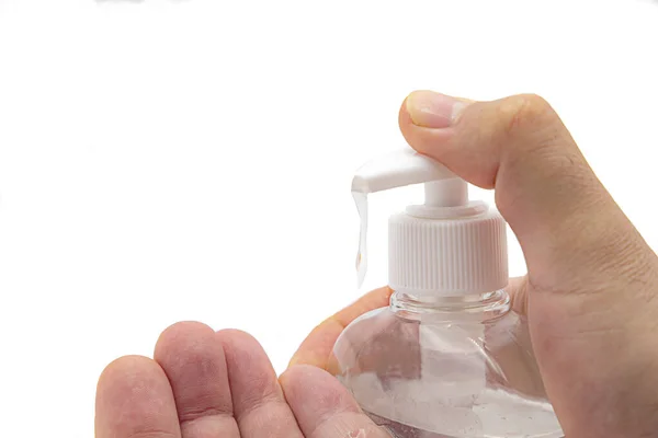 Jelas Botol Gel Hidroalkohol Dengan Tangan Untuk Pembersihan Medis Mendalam — Stok Foto