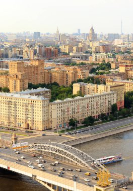 Moscow cityscape, view from above - Third Transport Ring of Moscow, Khamovniki district, Luzhnetskaya overpass, bridge across the Moscow River, pleasure boats clipart