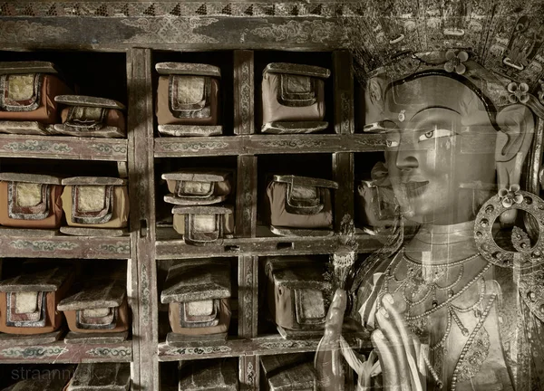 Dvojitá expozice Tibetská knihovna a Buddha Maitreya Royalty Free Stock Fotografie