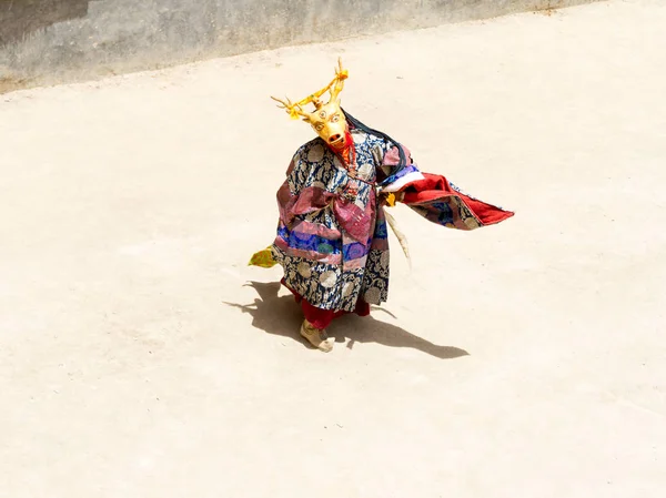 Unidentified monk in deer mask performs a religious masked and c — Stock Photo, Image
