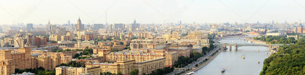 Moscow center panoramic view from above, Moscow river, bridges, Christ the Savior Cathedral, Monument to Peter I, , pleasure boats