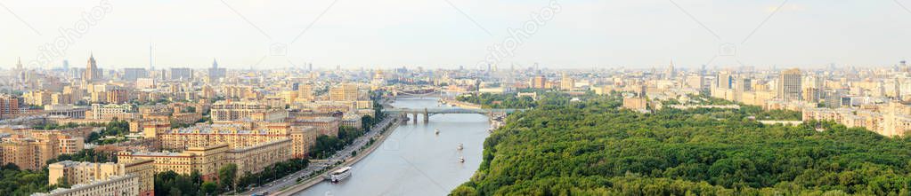 Moscow center panoramic view from above, Moscow river, bridges, Christ the Savior Cathedral, Monument to Peter I, , pleasure boats