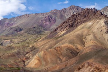 Lamayuru ay ülkesi - Güneşli bir yaz gününde Himalayalar 'daki Lamayuru (Ladakh, Hindistan) manastırı yakınlarında Leh-Kargil rotasının bir kesiminde Picturesque cansız dağ manzarası. Dik yamaçlar, geçilemez kayaların aşınması, nar