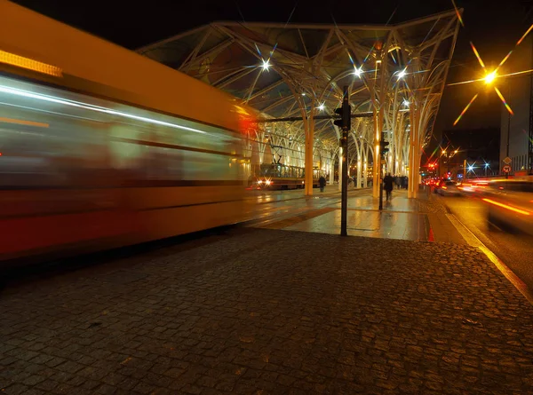 City Evening Lights Lodz Poland December 2019 Blurred Traffic Tram — Stock Photo, Image