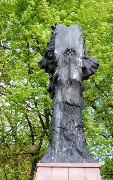 Moisés Decálogo Lodz Polonia Mayo 2015 Monumento Ecléctico Moisés Con —  Fotos de Stock