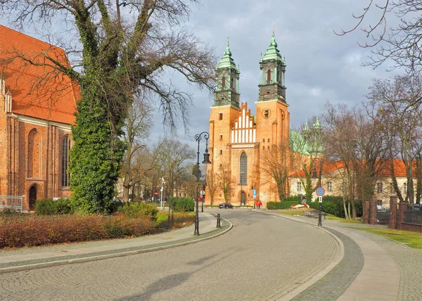 Trail Basilica Poznan Poland February 2020 Street Leading Historic Basilica — Stock Photo, Image