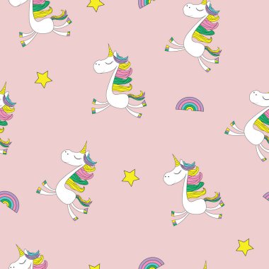   Şablon - tatlı sihirli tek boynuzlu at midillisi. Pembe bir arka planda Gökkuşağı ve yıldızlarla