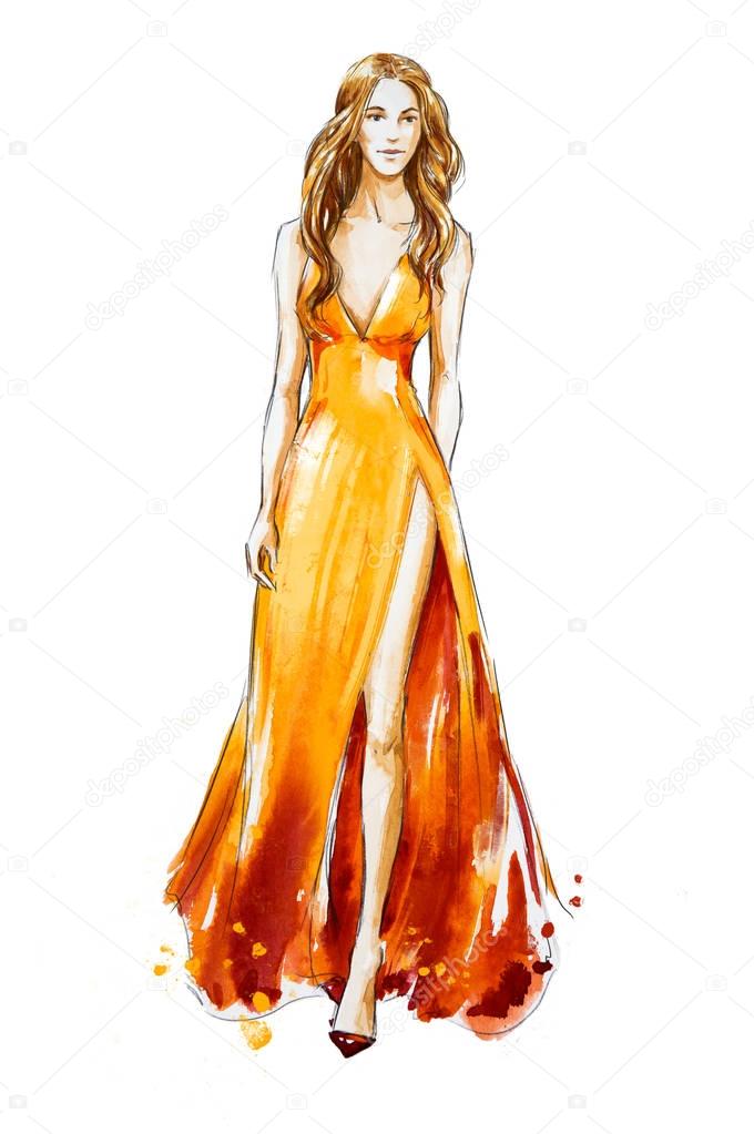 Fashion sketch. Watercolor dress. Catwalk