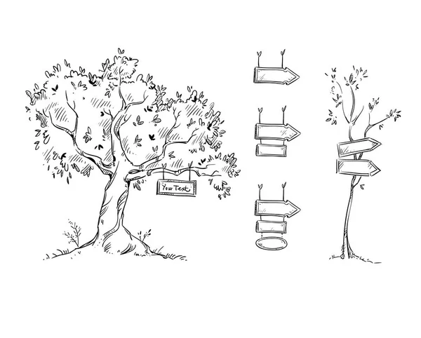 Árbol con signo, signos dibujados a mano, ilustración vectorial — Vector de stock