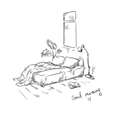 yatak odası çizim, iç tasarımı. Vektör çizim.  