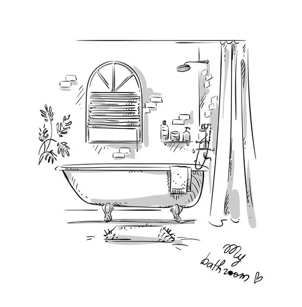 Fürdőszoba rajz, a belső design. Vektoros illusztráció. — Stock Vector