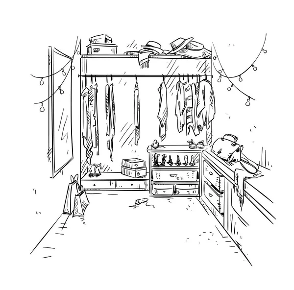 Walk-in closet, garderobe tekening. Interieur vector schets. — Stockvector