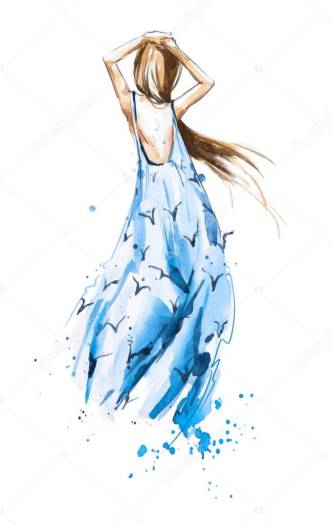 Watercolor fashion illustration, girl in a summer dress looking in the distance