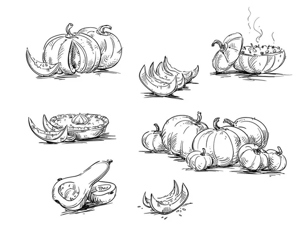 Balkabağı, kabak yemekleri. Vektör çizimi.