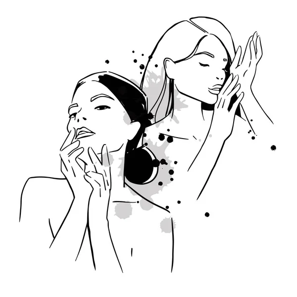 Portrait de mode de deux jeunes femmes, dessin d'art de ligne de beauté — Image vectorielle